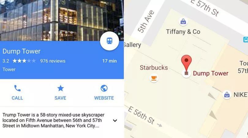 Trump Tower renamed to Dump Tower for a while on Google Map