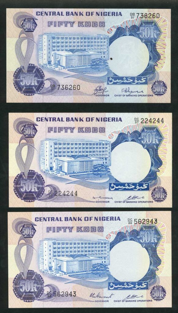 Nigeria P14aP14bP14c 50 Kobo Sig 123 UNC From cowries to naira: the evolution of the Nigerian currency (1700 till date)