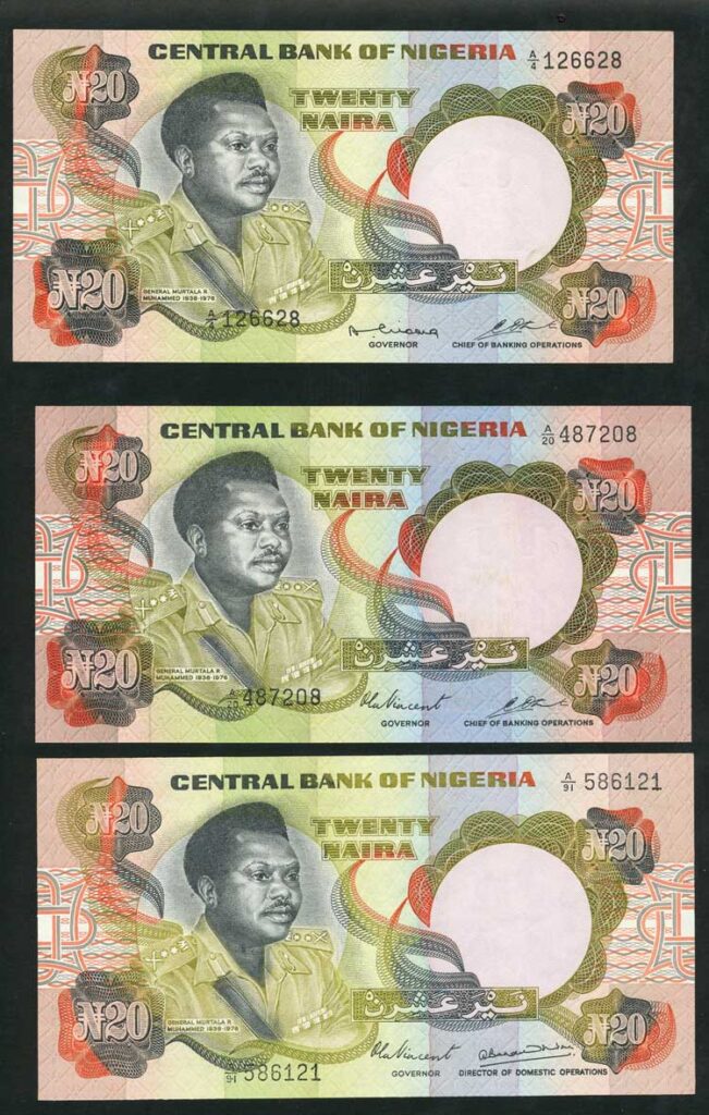 Nigeria P18aP18bP18c 20 Naira UNC From cowries to naira: the evolution of the Nigerian currency (1700 till date)