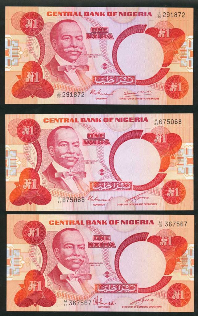 Nigeria P19aP19bP19c 1 Naira UNC From cowries to naira: the evolution of the Nigerian currency (1700 till date)