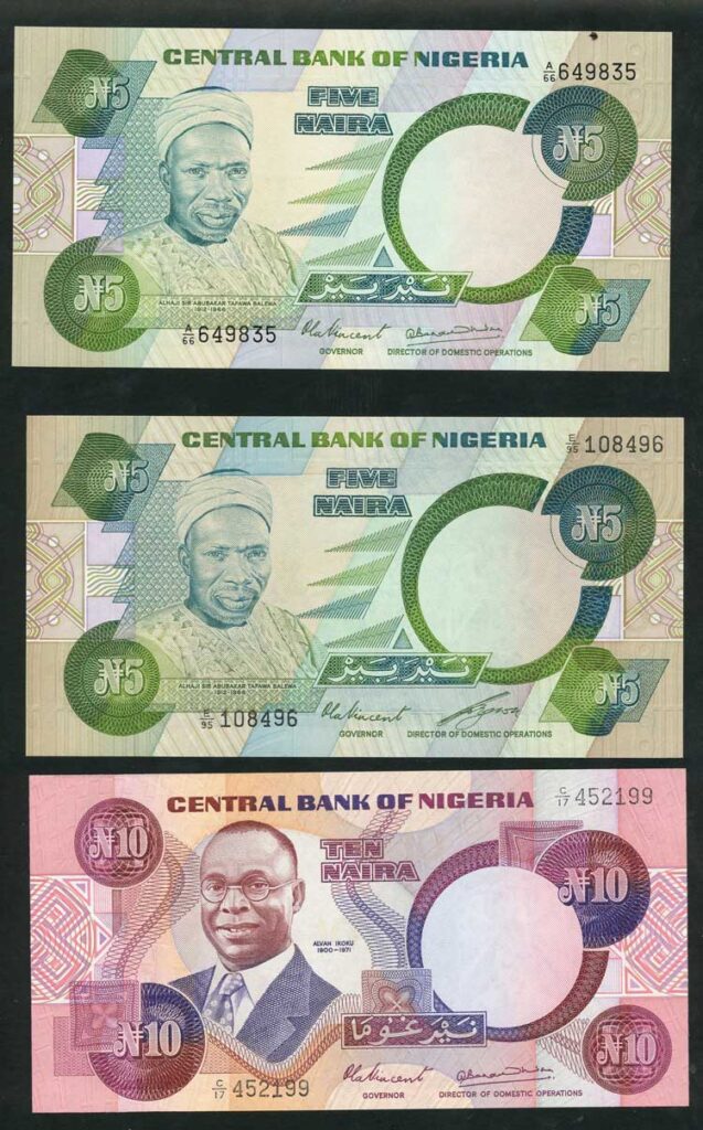 Nigeria P20 aP20b P21a 5 Naira210 Naira UNC From cowries to naira: the evolution of the Nigerian currency (1700 till date)