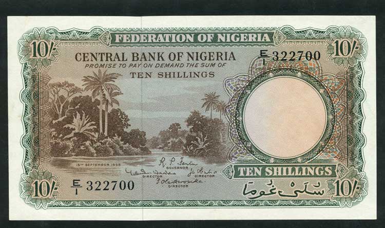 Nigeria P3 10 Shillings UNC From cowries to naira: the evolution of the Nigerian currency (1700 till date)
