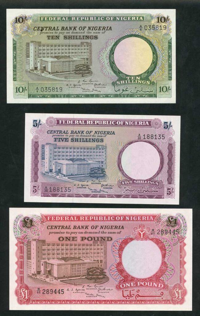Nigeria P6P7P8 510 shllings 1 Pound UNC From cowries to naira: the evolution of the Nigerian currency (1700 till date)