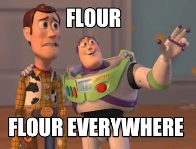 Two cartoon characters with the text that says "Flour, Flour everywhere" that highlights the problem with eating healthy.