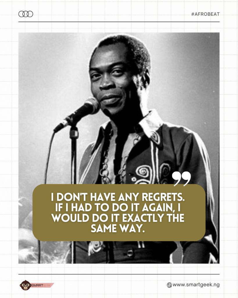 Fela Kuti, the iconic musician and activist, fearlessly embracing his authentic self and defiantly standing by his principles."