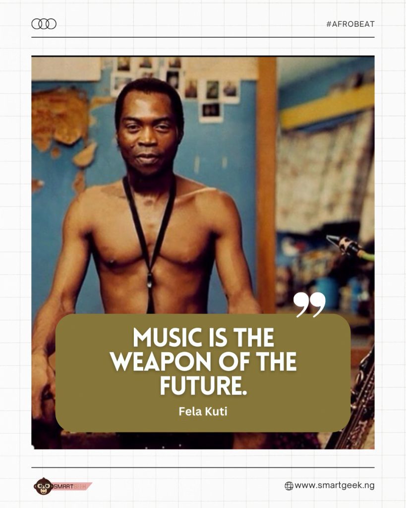 Fela Kuti, Nigerian Afrobeat legend, passionately expresses the transformative power of music. Captivating melodies, thought-provoking lyrics, and rhythmic essence ignite a spark of change that resonates and endures. 