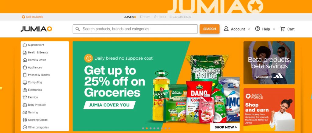 An screenshot showing Jumia's homepage. It is an online ecommerce marketplace showcasing the potential of Businesses you Can Start with 30k in Nigeria