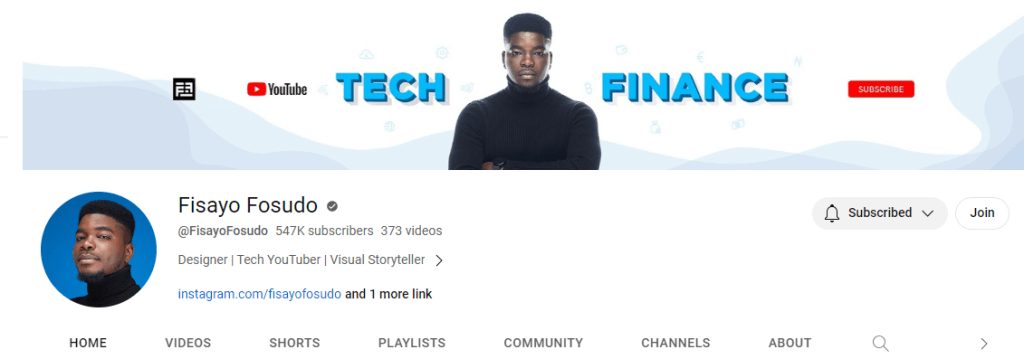 Nigerian Tech Youtubers: Screenshot of Fisayo's YouTube homepage showcasing a variety of tech-focused videos, indicating the diversity of content available to viewers interested in technology trends and insights.