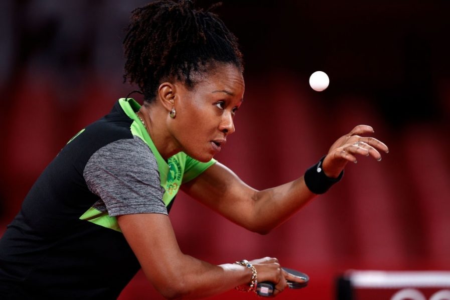 15 Inspirational Female Athletes in Nigeria: Funke Oshonaike, an inspirational Nigerian female table tennis player, in action during a high-intensity match.