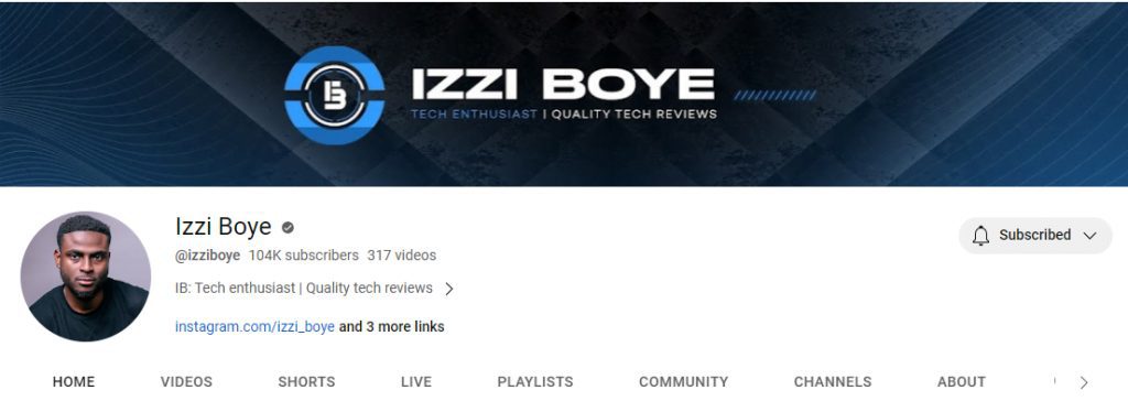 A screenshot of Izzy's YouTube Homepage