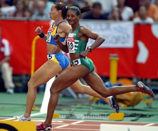 Mary Onyali-Omagbemi, the exceptional Nigerian track and field athlete, competing in a track event.