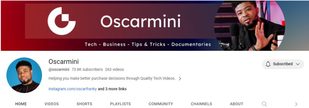 A screenshot of Oscarmini's YouTube display