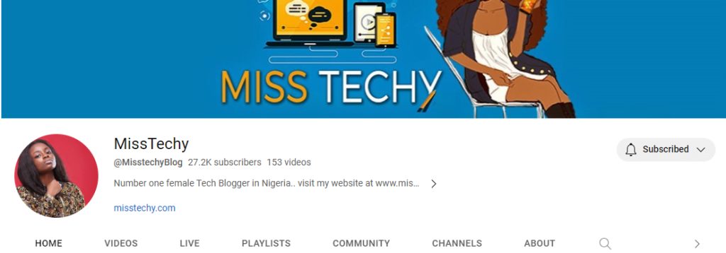 A screenshot of Missy's YouTube page